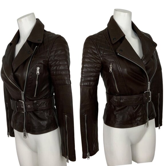 AllSaint Bryden Biker Leather Jacket 0 Brown Belted Moto Zipper Front Pockets - Picture 3 of 14